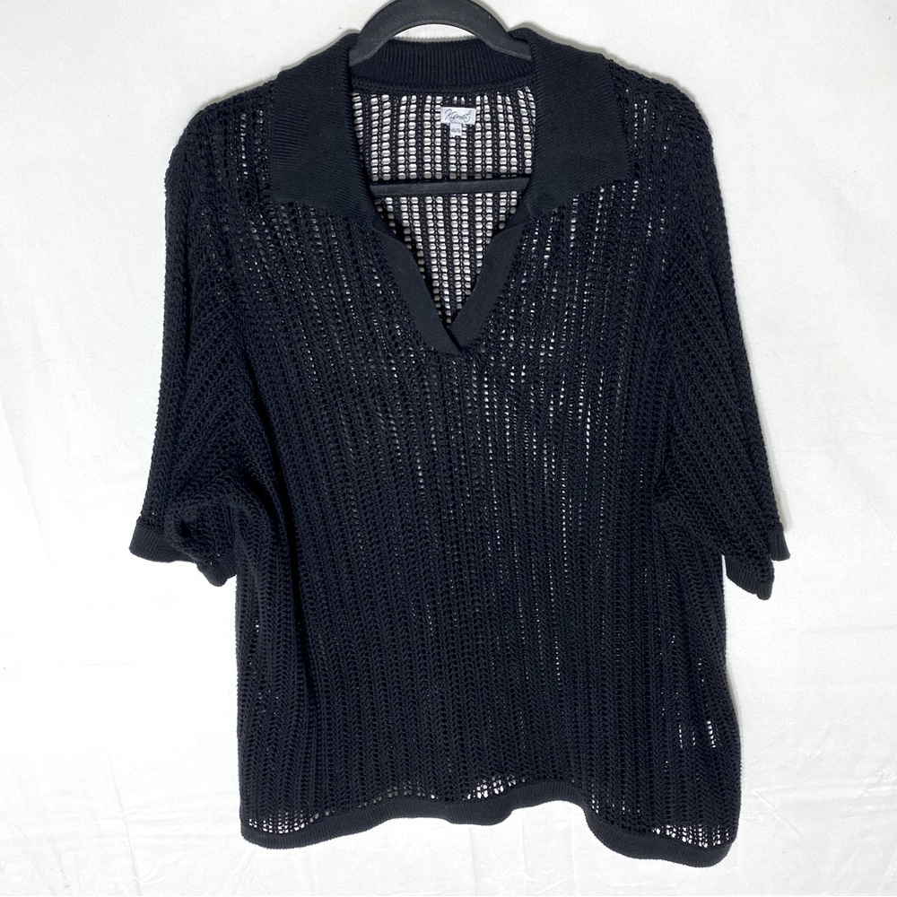 Kismet Black Mesh Knit Short Sleeve Collared Casual Shirt XXL Festival
